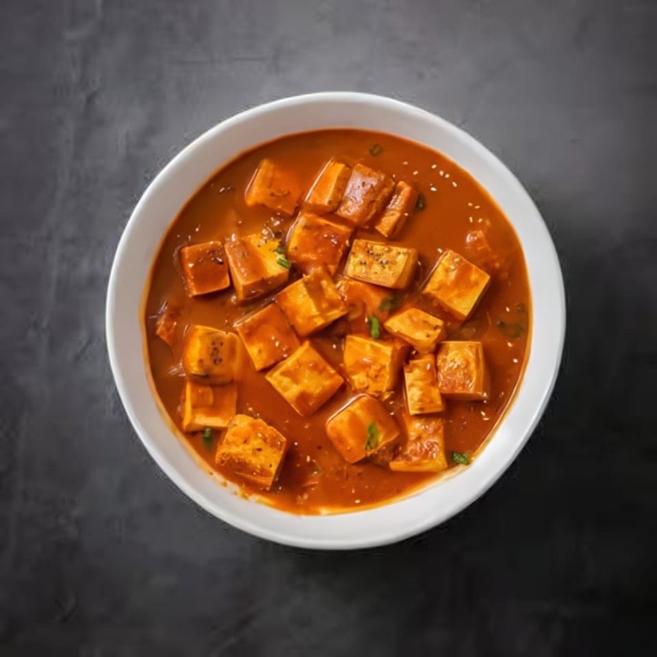 Overhead view of a white bowl filled with paneer butter masala, garnished with sesame seeds and herbs.