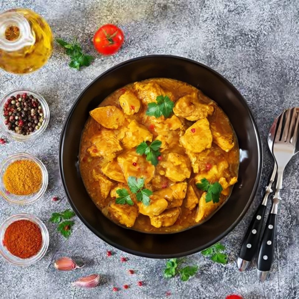 Chicken curry in a black bowl, surrounded by spices, oil, garlic, and a tomato.