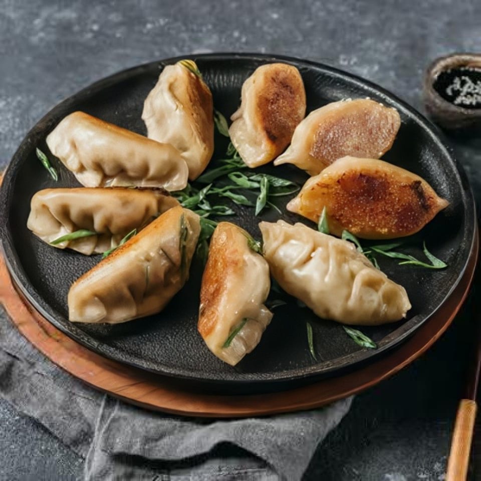 Pan-fried dumplings with green onions on a black plate, with a small bowl of sauce.